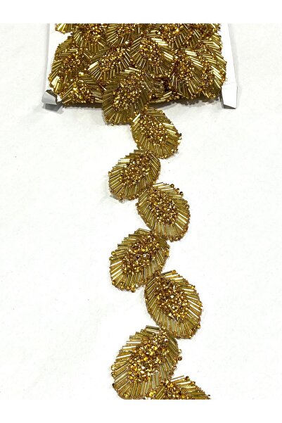 karantuhafiye Boru Boncuk ve Kesme Taşlı Şerit / Ütü Transferli Şerit / 50 cm / AT120 Gold