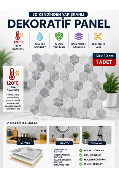 Örtücüm 3D Mermer Petek Görünümlü Kendinden Yapışkanlı Duvar Paneli 30x30 cm ...