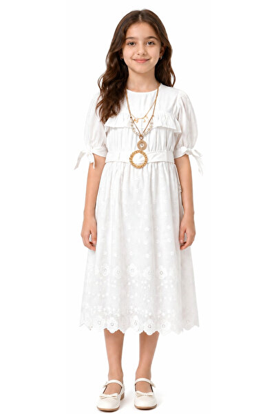 İrem Çocuk Giyim Girl's Dress with Tie Detail on the Sleeve, Belted Waist, La...