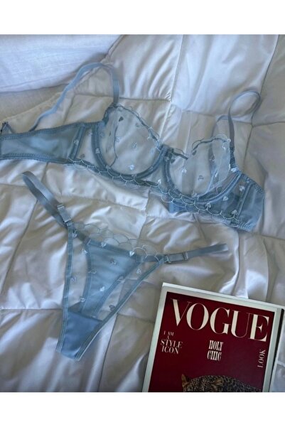 Sisterly Mavi Kalp Nakışlı Transparan Balenli Bralet Sütyen & Tanga Takımı