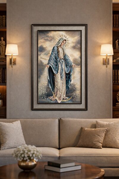 OEM Virgin Mary Painting with Pebbles and Glitter 62x42cm - Black