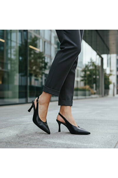 Lunetti Lucia Siyah Cilt Sivri Burun Arkası Açık Tokalı Slingback Kadın Ayakkabısı - Büyük Numara Topuklu Stiletto