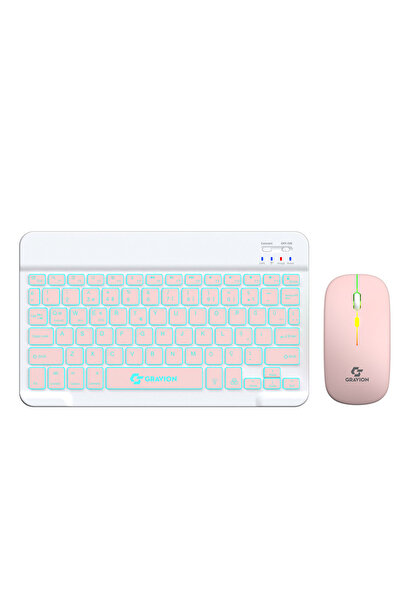 Gravion KM-BT35 Işıklı Bluetooth Klavye Mouse Set Pembe LED Aydınlatmalı, Şar...