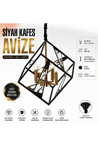 Elvora Home Modern PREMİUM Siyah Metal Kafes Sarkıt Avizesi Salon Mutfak Otur...