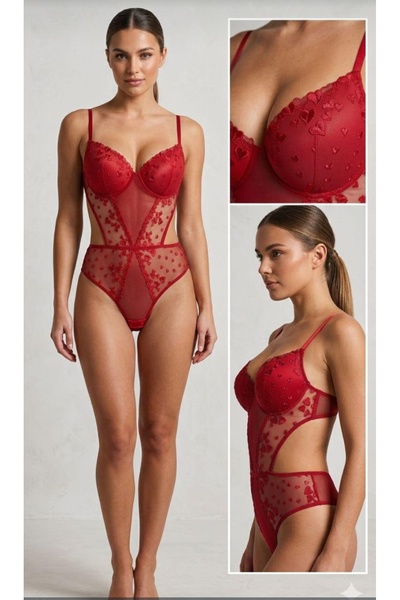 SUDEM STORE Destekli Dantelli Tül Detaylı Bodysuit