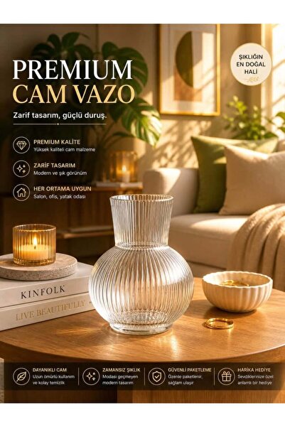 NEXVORİA Cam Vazo – Dekoratif Çizgili Şeffaf Cam