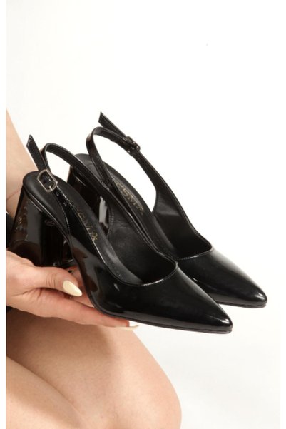 Y ESMA Black Patent Leather Pointed Toe Open Back 7 cm Covered Heel New Season