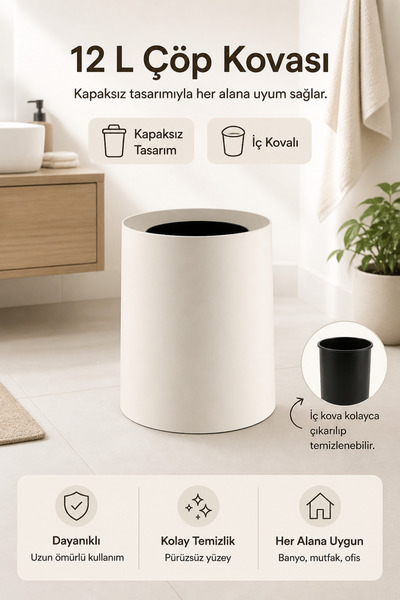 Poomy 12 L Çöp Kovası Kapaksız İç Kovalı Modern Banyo Mutfak Ofis Çöp Kutusu