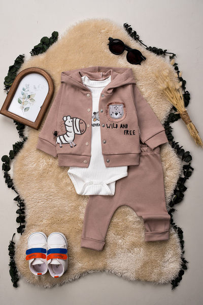 Hopy Kids 1049 Giraffe & Bear Embroidered Baby Boy 3-Piece Set 100% Cotton Co...
