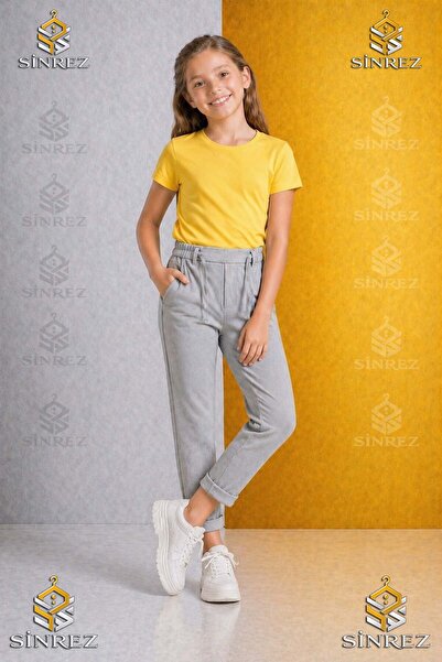 SİNREZ Pantaloni uni pentru fete 5.MDL cu talie elastică din Lycra, stil cu p...