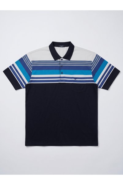 TURHAN TRİKO Navy Blue Striped Short Sleeve Polo Collar Men's T-Shirt