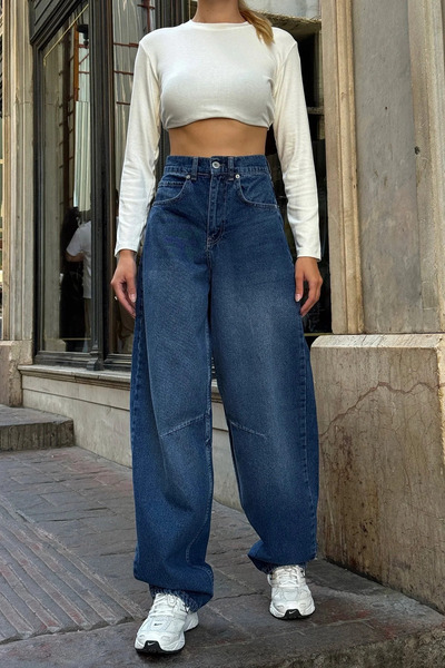 Genel Markalar Koyu Mavi - Wide Leg Baggy Kot Pantolon