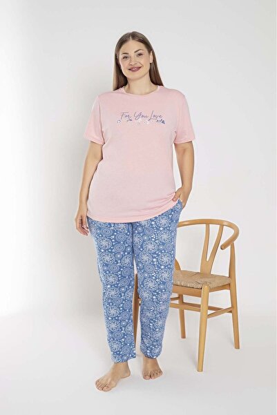 SENFONİ Pembe/Mavi Desenli Kısa Kollu Büyük Beden %100 Pamuk Pijama Takımı – Rahat ve Konforlu Ev Giyimi