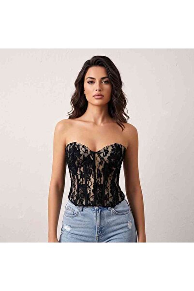 Orvelia Floral Dantel İşlemeli Balenli Transparan Korse Büstiyer Nocturne Flo...