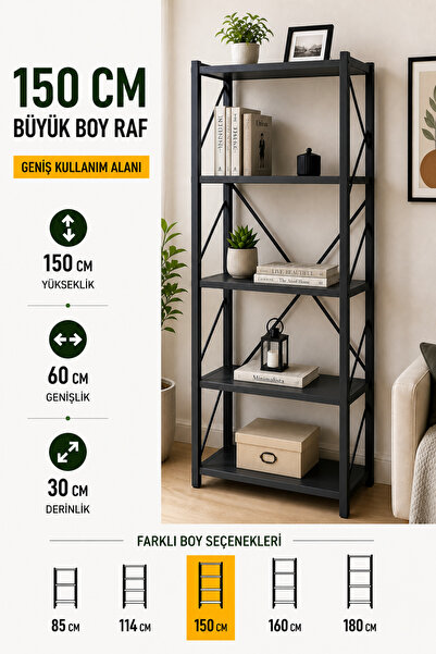 FURNICI Çok Amaçlı 5 Raflı 60x150 cm Antrasit Dekoratif Kitaplık Raf Ünitesi