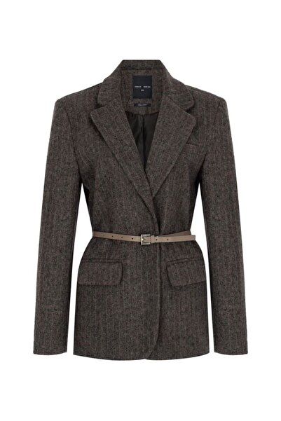 sckboutik Vizon Kaşe Çizgili Kemerli Dokuma Blazer Ceket