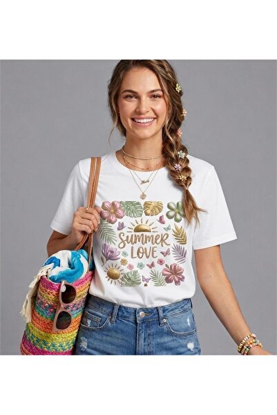 Oversize Tasarım Kadın Tişört - Summer Love Serisi Tropikal Çiçek Bahçesi - %100 Pamuk