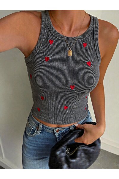 NAVO STUDIO Kadın Kalp Desenli Fitilli Crop Atlet Gri Slim Fit Basic Günlük Ş...