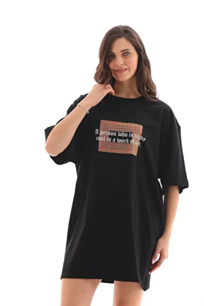 Efnaz style Unisex Crew Neck Printed Oversize T-Shirt - Black