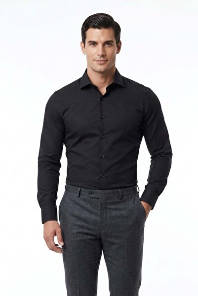 Uki SİYAH Saten Slim Fit Klasik Gömlek