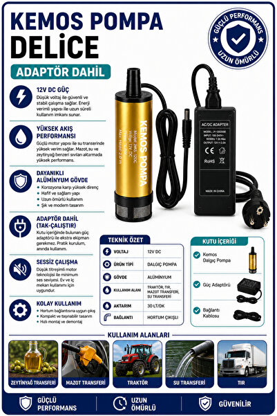 Kemos delice 220-12 Volt Dalgıç Adaptörlü Mazot Aktarma(SIVI TRANSFER) Pompası