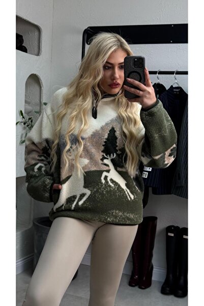 liya butik Ekru Geyik Desen Sweatshirt
