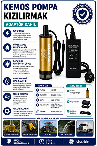 Kemos kızılırmak 220-12 Volt Dalgıç Adaptörlü Mazot Aktarma(SIVI TRANSFER) Po...
