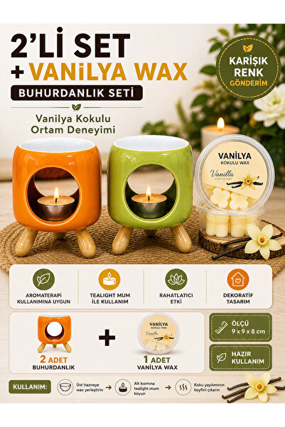 KOLAYEV 2’li Buhurdanlık Seti + Vanilya Kokulu Wax Aromaterapi Mumluk Karışık...