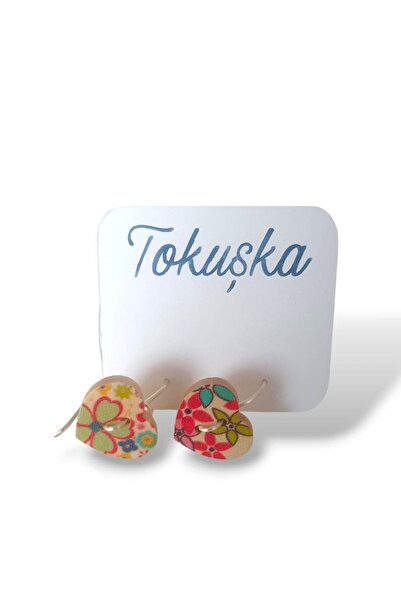 Tokuşka Wooden Heart Shaped Mixed Floral Pattern Printed Button Dangle Earrings