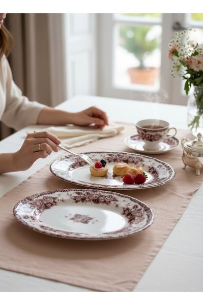 KÜTAHYA HOME Burgundy Romance 2-Piece 25 cm Patterned Porcelain Kayık Salad Set – Stylish Tableware Set Burgundy Vintage