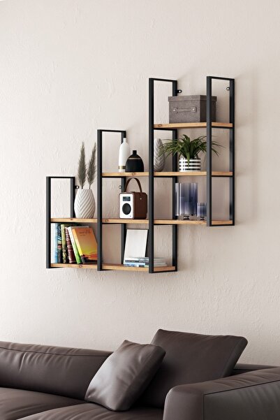 MİRACLE 3D 4 Raflı Duvara Monte Kitaplık Dekoratif Kitaplık metal Çam