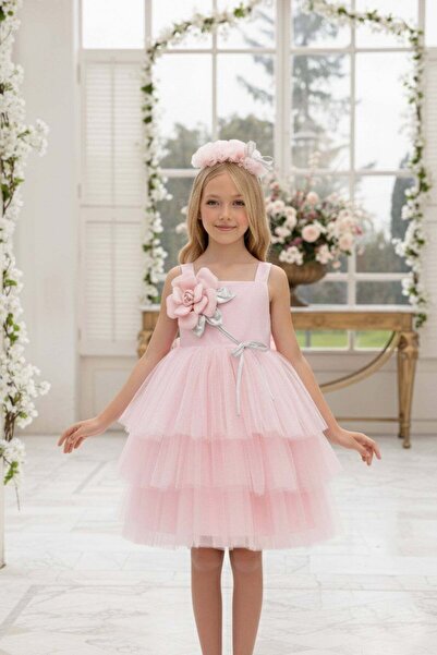 Pamina Kız Çocuk 3-7 Yaş Üç Boyutlu Çiçek Desenli Taçlı Tütü Elbise Pembe