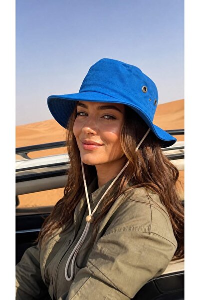 BALIENTE Pălărie de damă Saks Blue Linen Safari Bucket cu șnur reglabil