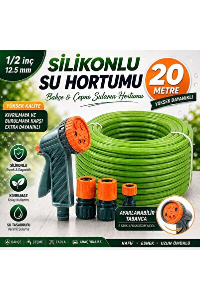 serafy Silikonlu 20 Metre 1/2" Yarım Parmak Kalın Etli Sulama Hortumu ve Taba...