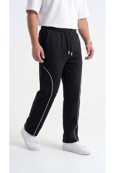 MODENZO Men's Black Color Wide Leg Baggy Sweatpants with Front Piping and Back Pocket Detail