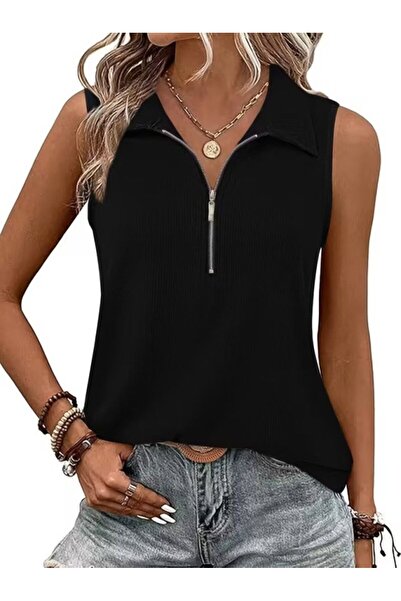 Generic Brand Women's collared, front-zip, ruffled blouse.