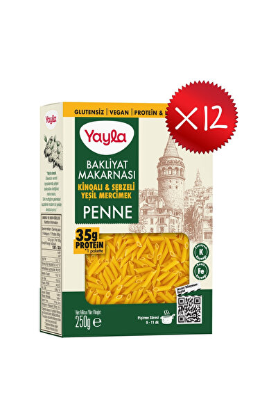 Yayla Kinoalı ve Sebzeli Yeşil Mercimek Penne Bakliyat Makarnası 250 g x12