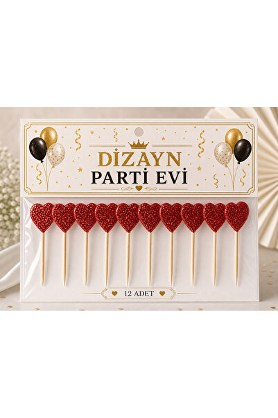 Dizayn Parti Evi Simli Kalp Kürdan Süs Eva 12 Adet Pasta Cupcake İkramlık Süs...
