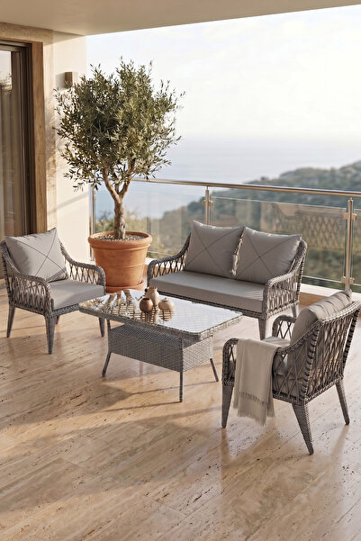 Canisa Tulipa Serisi 1.Sınıf 2+1+1 Gri Rattan Gri Minder Bahçe Balkon Oturma ...