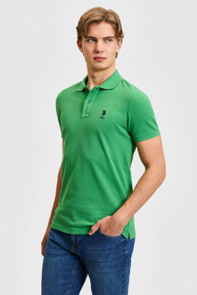 U.S. Polo Assn. تي شيرت رجالي ذو قصة ضيقة وياقة بولو باللون الأخضر الأساسي 50...