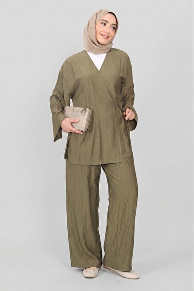 Norshen Haki Kadın Bağlamalı Kimono & Bol Paça Pantolon - Takım