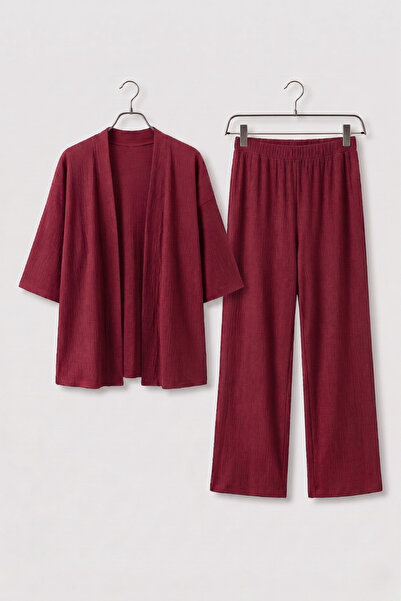 Mivoon Bürümcük Fabric Trousers Cardigan Double Set Kimono Set