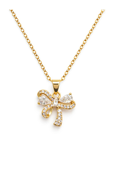 Duiwerlis Women's Gold Color Bow Necklace with Zircon Stone, Elegant, Sparkli...
