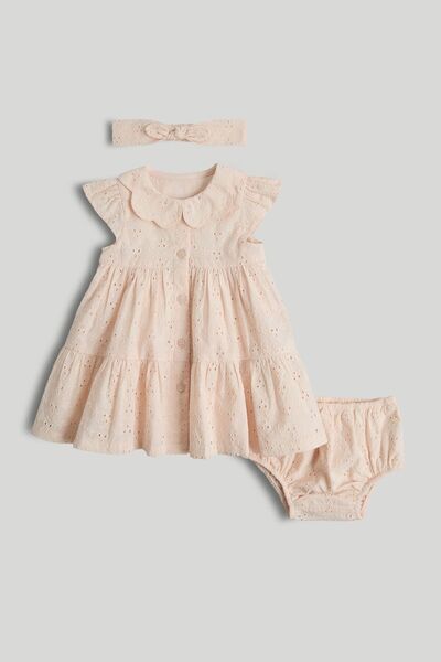 MOTHERCARE فستان بتطريز المشمش، وسروال داخلي، وطقم عصابة رأس