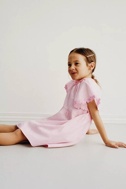 MİNİKO KİDS Girls' Cotton Dress with Flower Embroidery on Collar