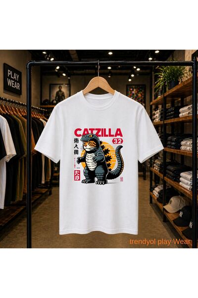 playwear Catzılla 32 Chest Printed 100% Cotton Oversize Loose Regular Fit Cre...