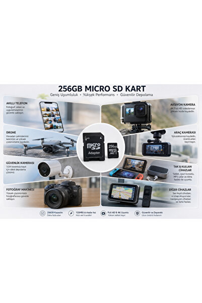 Zoli 256GB Micro SD Hafıza Kartı 120MB/s,Telefon,Kamera,Drone Uyumlu SD Kart