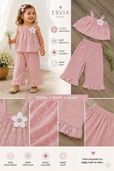 Esvia Baby Co. Kız Çocuk Gül Kurusu Müslin Takım %100 Pamuk Yazlık Takım 2-5 Yaş