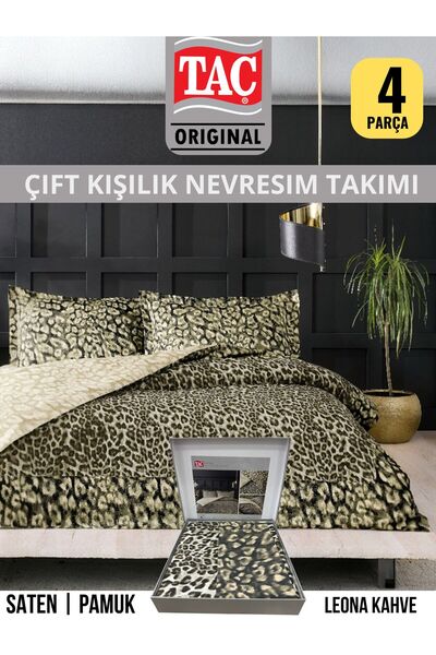 Taç Leona kahve Pamuk Saten Çift Kişilik Nevresim Takımı