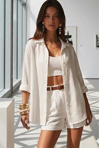 CAST COLLECTİON Kadın Beyaz Bürümcük Kumaş Oversize Gömlek